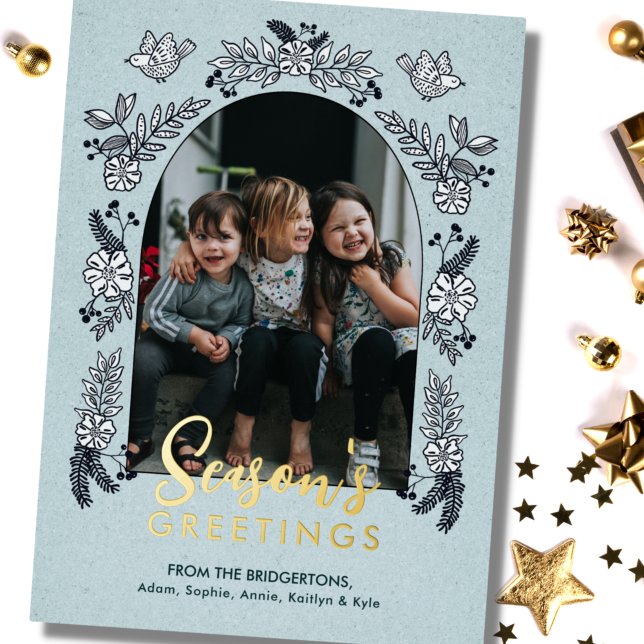Season's Greetings Flowers Photo Arch Foil Holiday Card (Creator Uploaded)