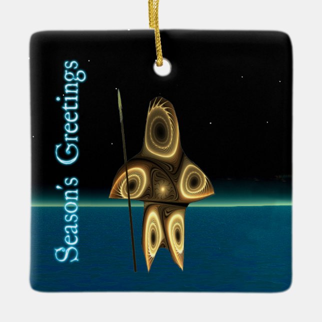 Season's Greetings - Fractal Inuit Hunter Ceramic Tree Decoration (Front)