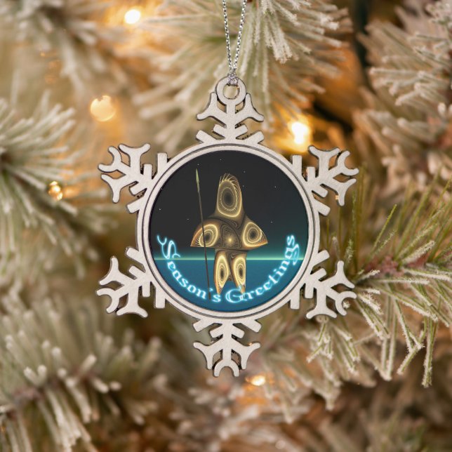 Season's Greetings - Fractal Inuit Hunter Snowflake Pewter Christmas Ornament (Tree)