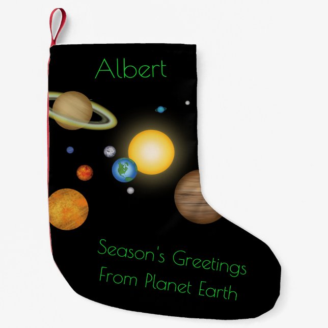 "Season's Greetings From Planet Earth" Cosmic Small Christmas Stocking (Front)