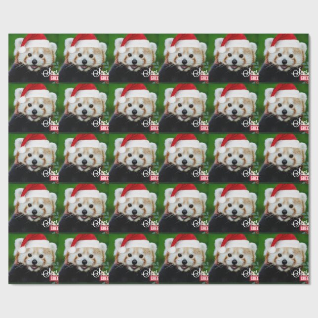 Seasons Greetings from Red Panda Santa Wrapping Paper (Flat)