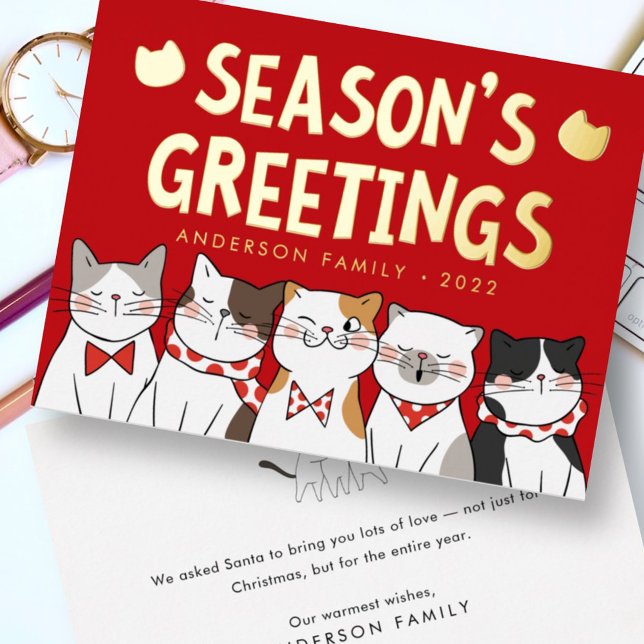 Season's Greetings Funny Cute Cats Caroling Foil Holiday Card (Creator Uploaded)