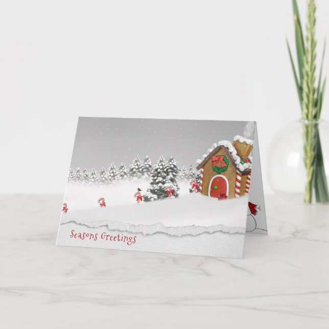 Seasons Greetings-gingerbread house in snow Holiday Card (Front)