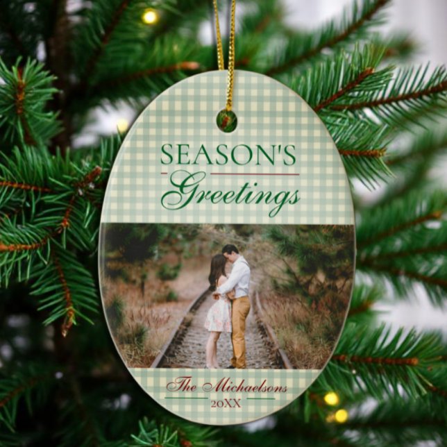 Season's Greetings Gingham Christmas Ceramic Ornament (Creator Uploaded)