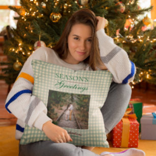 Season's Greetings Gingham Christmas Cushion