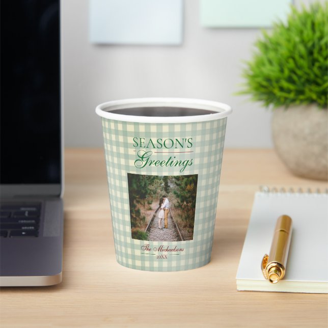 Season's Greetings Gingham Christmas Paper Cups (Insitu)