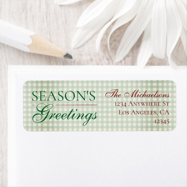 Season's Greetings Gingham Christmas Return Address Label (Insitu)