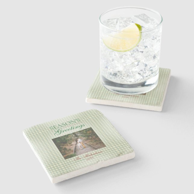 Season's Greetings Gingham Christmas Stone Coaster (Side)