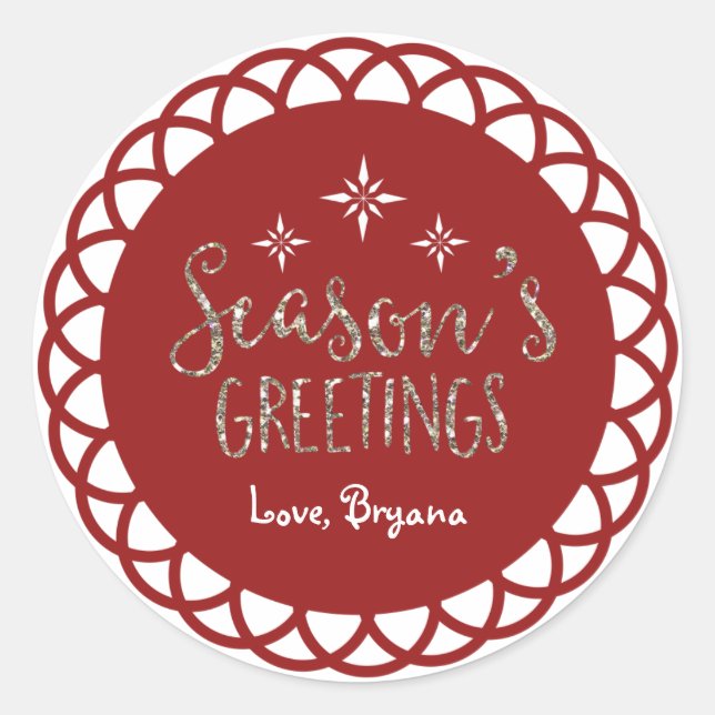 SEASONS GREETINGS Gold Glitter Red Holiday Sticker (Front)
