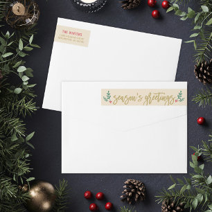 Seasons Greetings Gold Modern Holly Berry Wrap Around Label