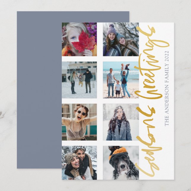 Seasons Greetings Gold Script 8 Photo Christmas  Holiday Card (Front/Back)