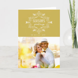 Season's Greetings Gold Vintage Deco Foliage Photo Holiday Card