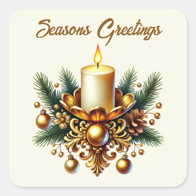 Seasons Greetings golden add text candle Square Sticker (Front)