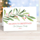 Seasons Greetings Green Red Winter Greenery Holiday Card<br><div class="desc">This stylish "Season's Greetings" Christmas holiday card features a modern and minimal green watercolor winter branch with red berry accents. The elegant text can be completely personalized with your choice of greeting,  family name,  year,  and a custom message inside the card.</div>