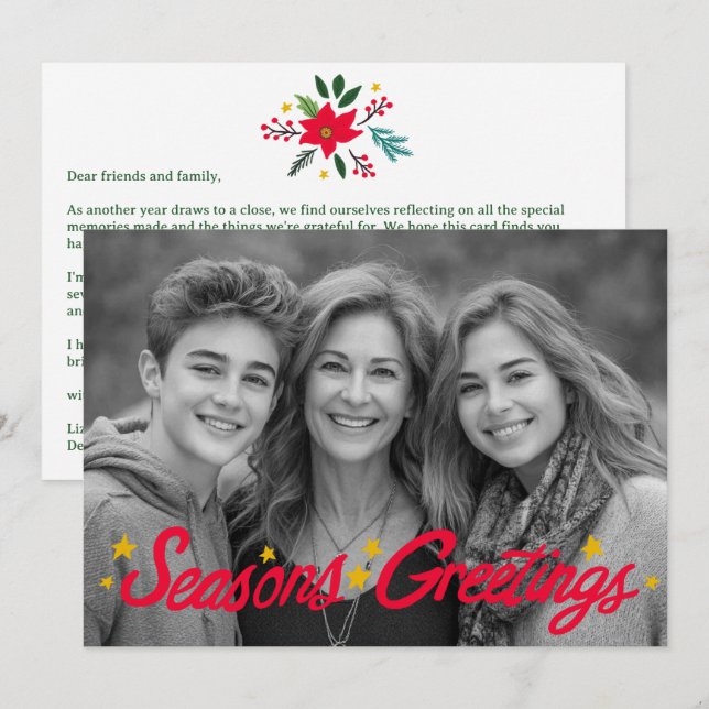 SEASONS GREETINGS Hand-Drawn CUSTOM PHOTO  Holiday Card (Front/Back)