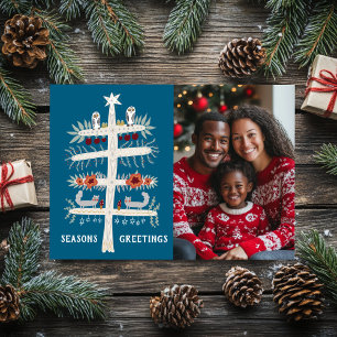 SEASONS GREETINGS Hand Drawn Tree CUSTOM PHOTO  Holiday Card