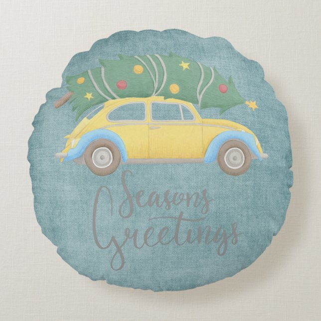 Seasons Greetings Holiday Car & Tree Round Cushion (Front)
