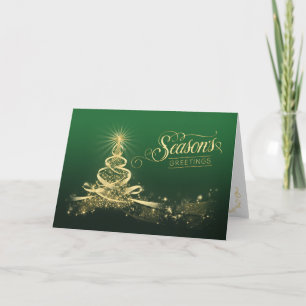 Season's Greetings Holiday Card Green, Faux Gold