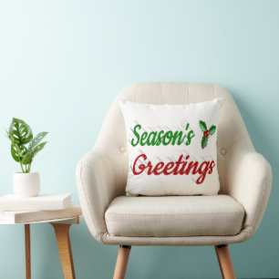 Seasons Greetings Holly Christmas red green script Cushion