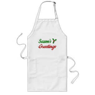 Seasons Greetings Holly Christmas red green script Long Apron