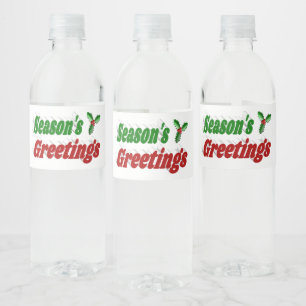 Seasons Greetings Holly Christmas typography Water Bottle Label