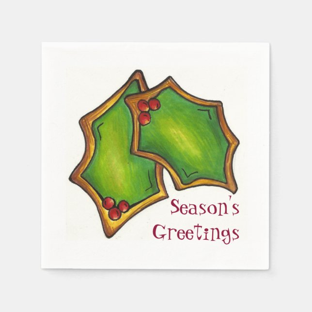 Season's Greetings Holly Cookie Christmas Holiday Napkin (Front)