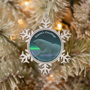 Season's Greetings - Ice Edge Polar Bear Snowflake Pewter Christmas Ornament