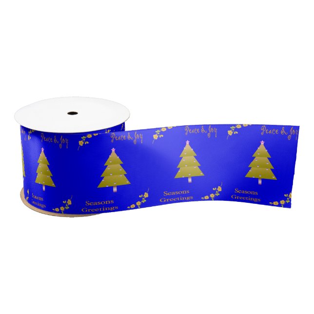Seasons Greetings, Joy Merry Christmas Blue Ribbon Satin Ribbon (Spool)