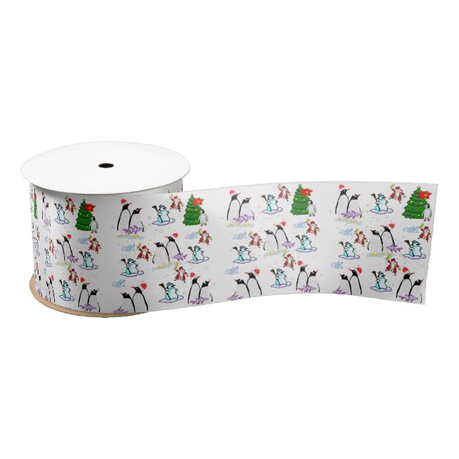 Seasons Greetings, Joy Merry Christmas Penguin Satin Ribbon (Spool)