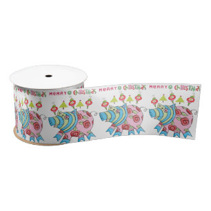 Seasons Greetings, Joy Merry Christmas Pink Pig Satin Ribbon