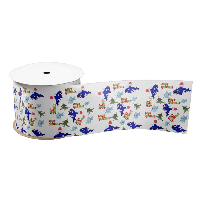 Seasons Greetings, Joy Merry Christmas Shark Fish Satin Ribbon (Spool)