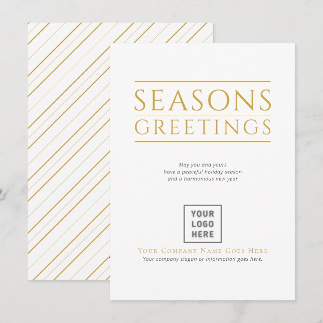 Seasons Greetings Logo Gold Stripes Business Holiday Card (Front/Back)
