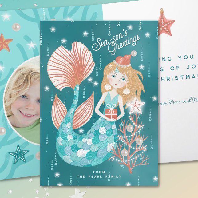 Season's Greetings Mermaid Family Folded Holiday Card (mockup)