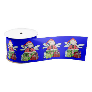 Seasons Greetings, Merry Christmas Santa AngelBlue Satin Ribbon