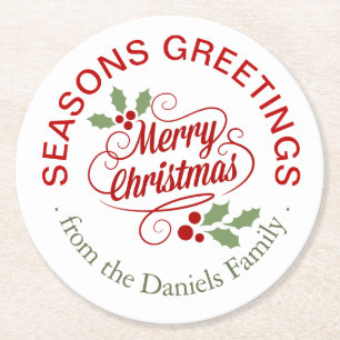 Seasons Greetings Merry Christmas Typography Round Paper Coaster