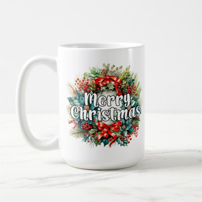 Seasons Greetings | Merry Christmas Wreath Coffee Mug (Left)