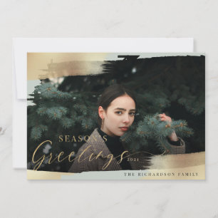 Season's Greetings Mint & Gold Foil Brush Photo Holiday Card