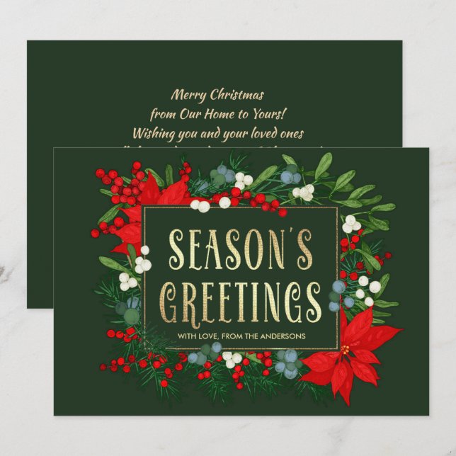 Season's Greetings. Mistletoe, Poinsettia Frame Holiday Card (Front/Back)