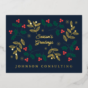 Season's Greetings Modern Christmas Holly Berries Foil Holiday Postcard
