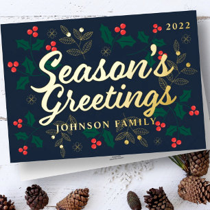 Season's Greetings Modern Holly Berries Foliage Foil Holiday Card