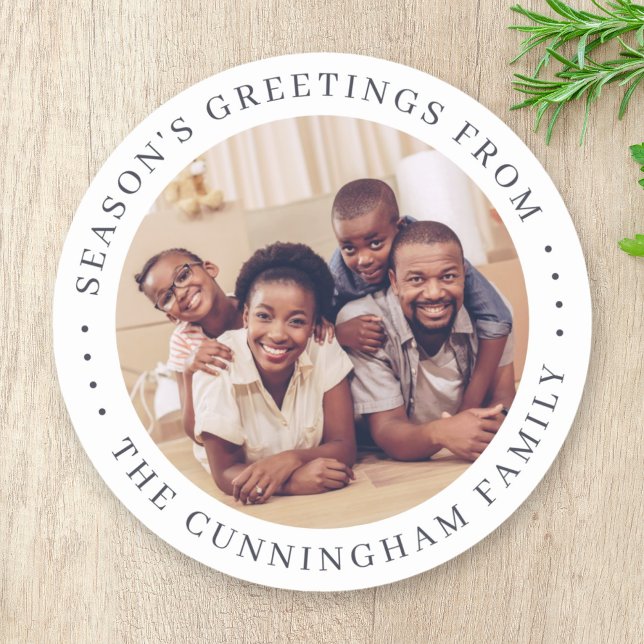 Season's Greetings Modern Simple Chic Family Photo Classic Round Sticker (Creator Uploaded)