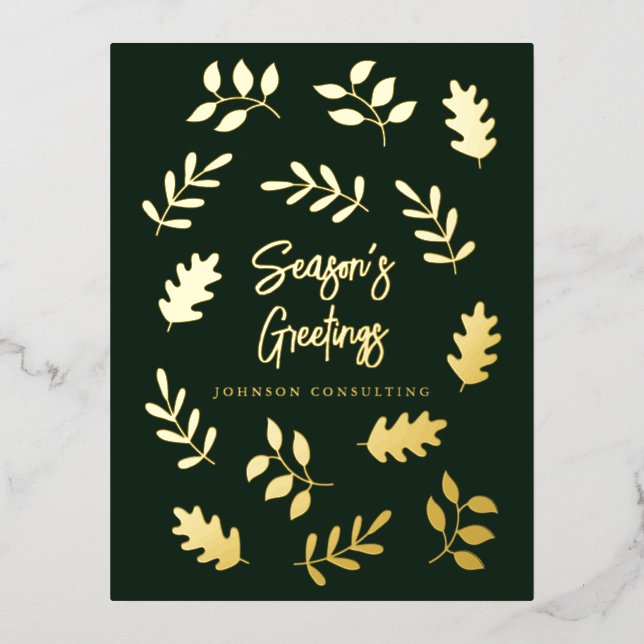 Season's Greetings Modern Simple Foliage Botanical Foil Holiday Postcard (Front)