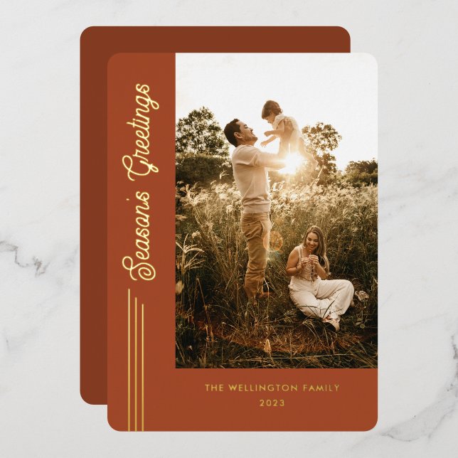 Season's Greetings Modern Terracotta Photo Gold Foil Holiday Card (Front/Back)