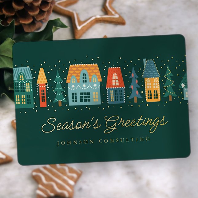 Season's Greetings Modern Winter Snow Village Foil Holiday Card (Creator Uploaded)