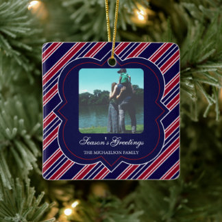 Season's Greetings Navy Blue and Red Stripes Ceramic Ornament