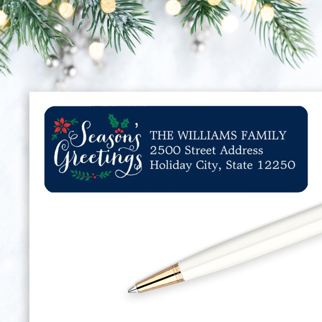 Seasons Greetings Navy Blue Holiday Return Address Label (Creator Uploaded)