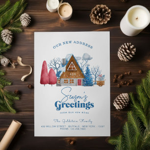 SEASONS GREETINGS NEW HOME BLUE RED VINTAGE HOME HOLIDAY CARD