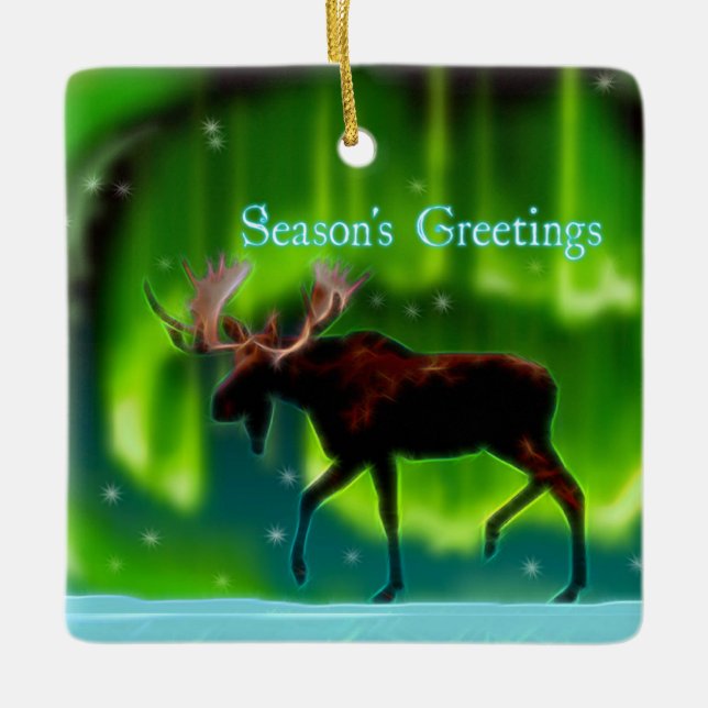 Season's Greetings - Northern Lights Moose Ceramic Tree Decoration (Front)