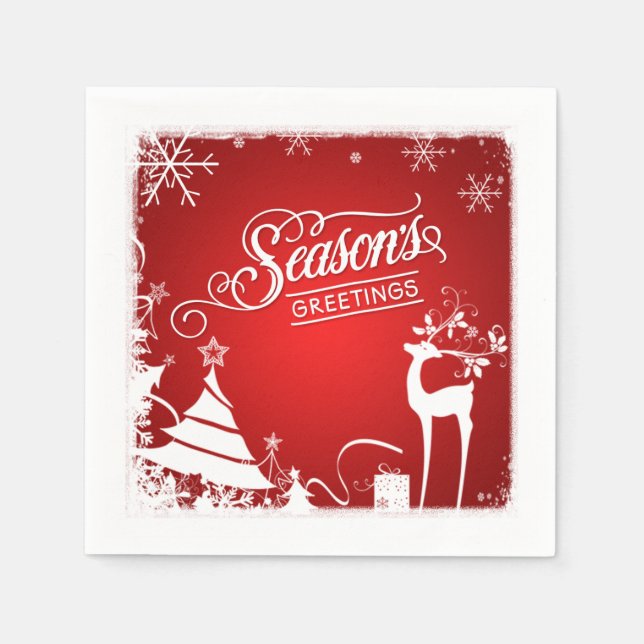 Season's Greetings Paper Napkins | Red, White Deer (Front)