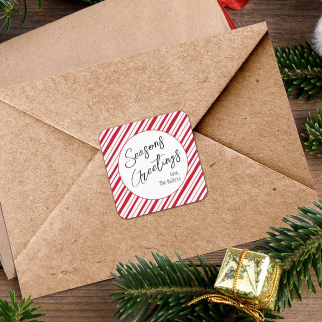 Seasons Greetings Peppermint Stripe Christmas Square Sticker (Creator Uploaded)